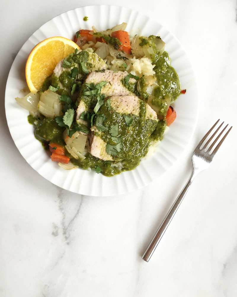 Citrus Roasted Pork Loin with Chimichurri Sauce and CIlantro Rice | Sweet Anna's