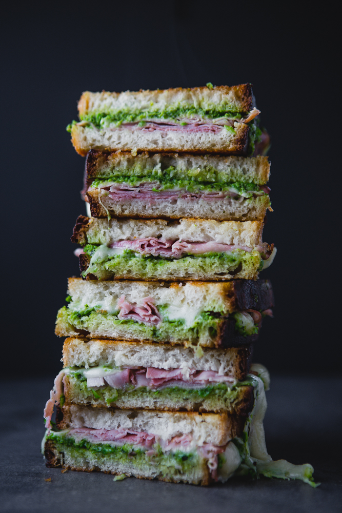 ham & gruyére grilled cheese with sweet pea spread