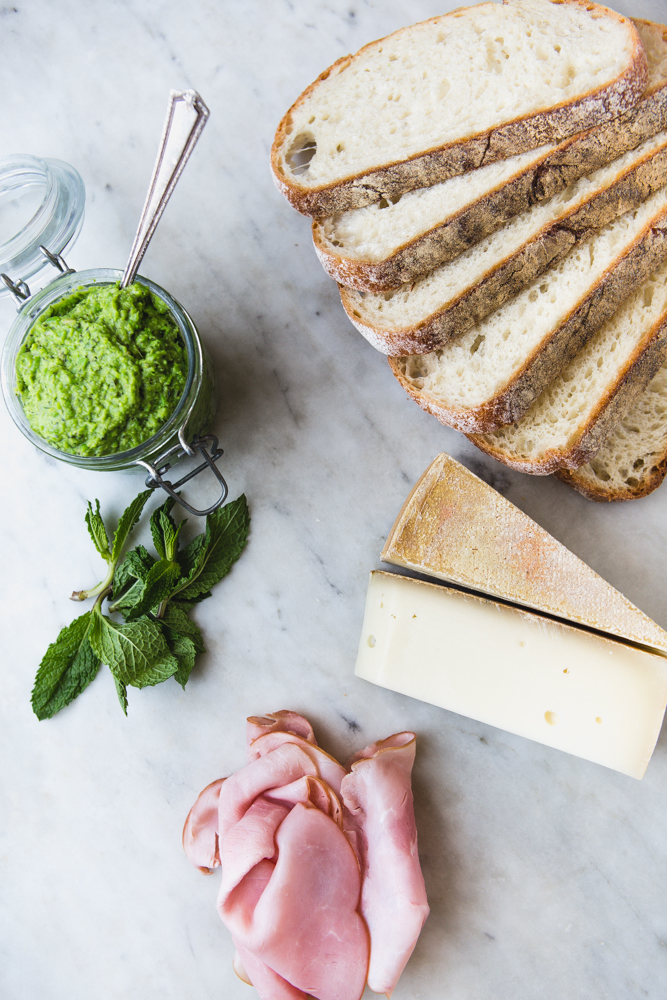 ham & gruyére grilled cheese with sweet pea spread